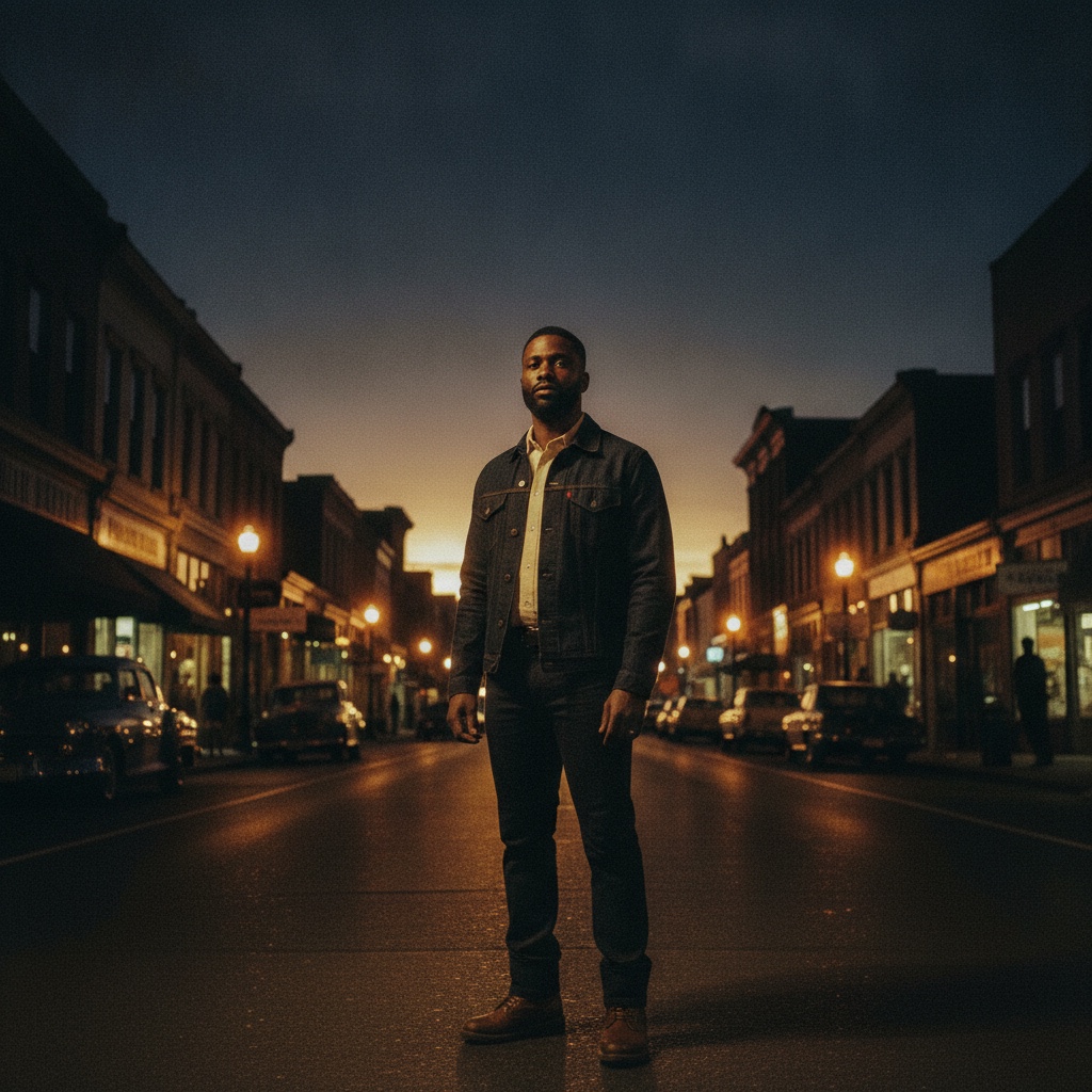 The Black Advantage album cover, a lone figure on a lamplit Black main street at dusk