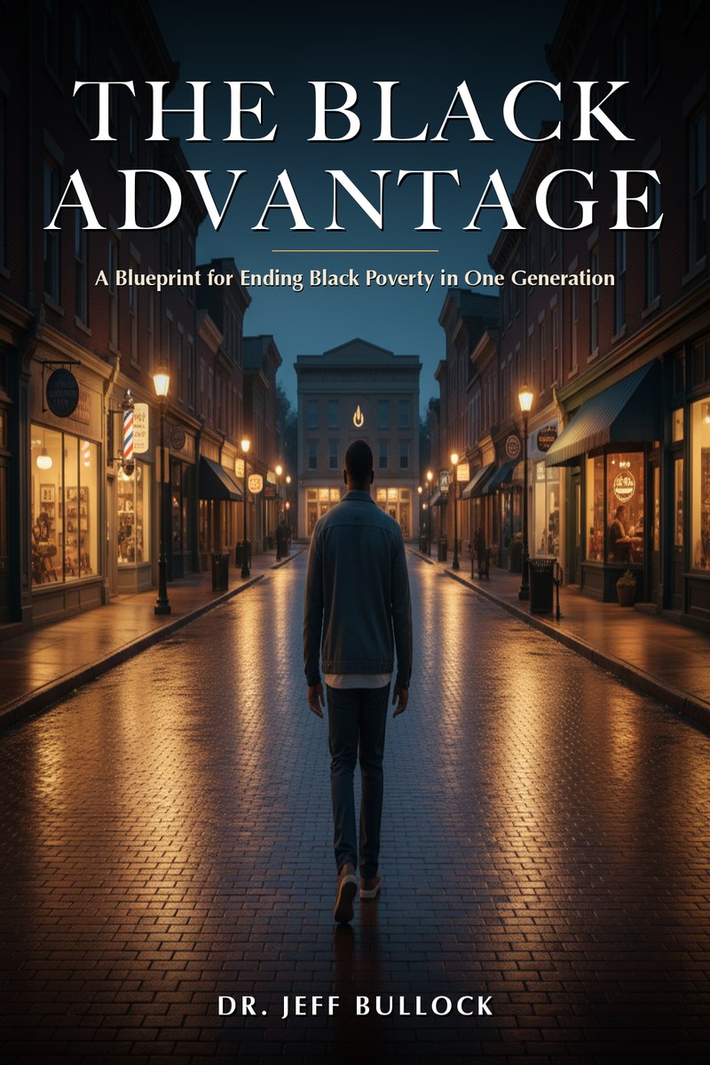 The Black Advantage book cover, a lone figure on a lamplit main street at dusk, by Dr. Jeff Bullock